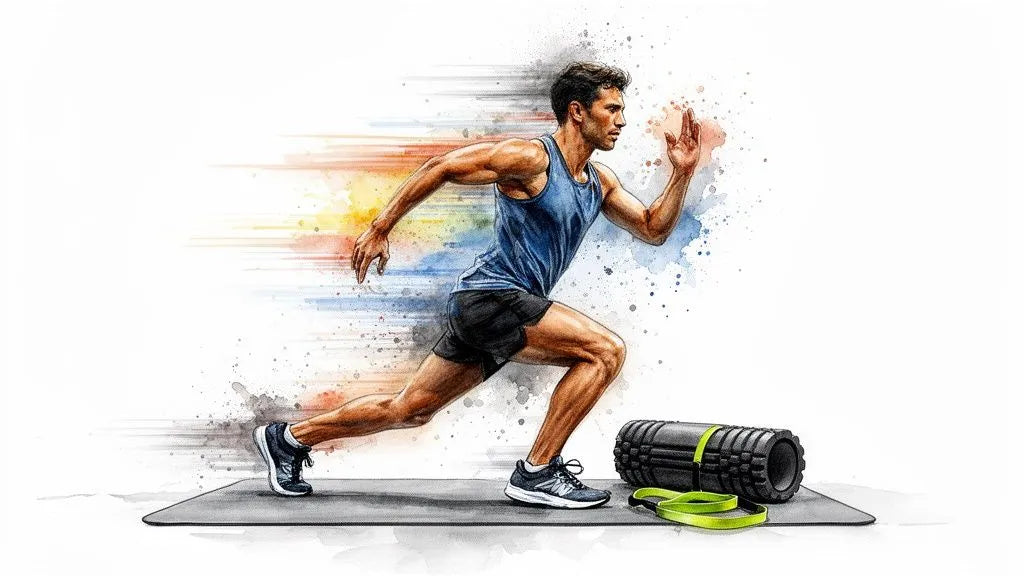 Athlete performing dynamic exercise with recovery tools to support sports injury prevention and mobility