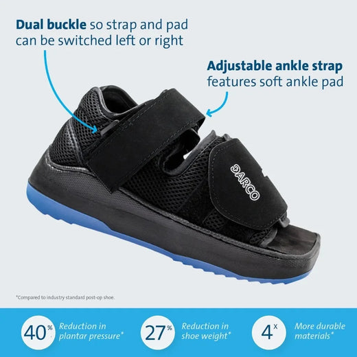 Black ARCO post-op shoe with dual buckle, adjustable ankle strap, and blue sole for recovery and mobility support