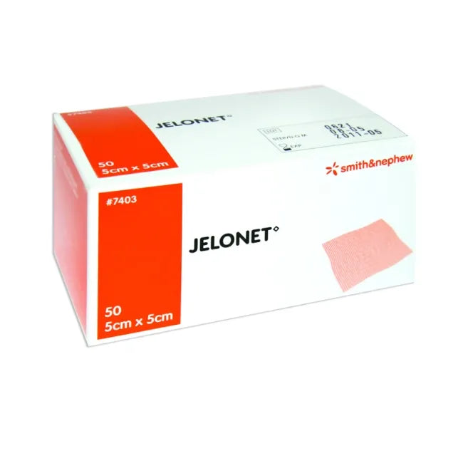 Smith & Nephew Jelonet soft paraffin wound dressing, 5cm x 5cm, showcasing its low-adherent, non-medicated surface.