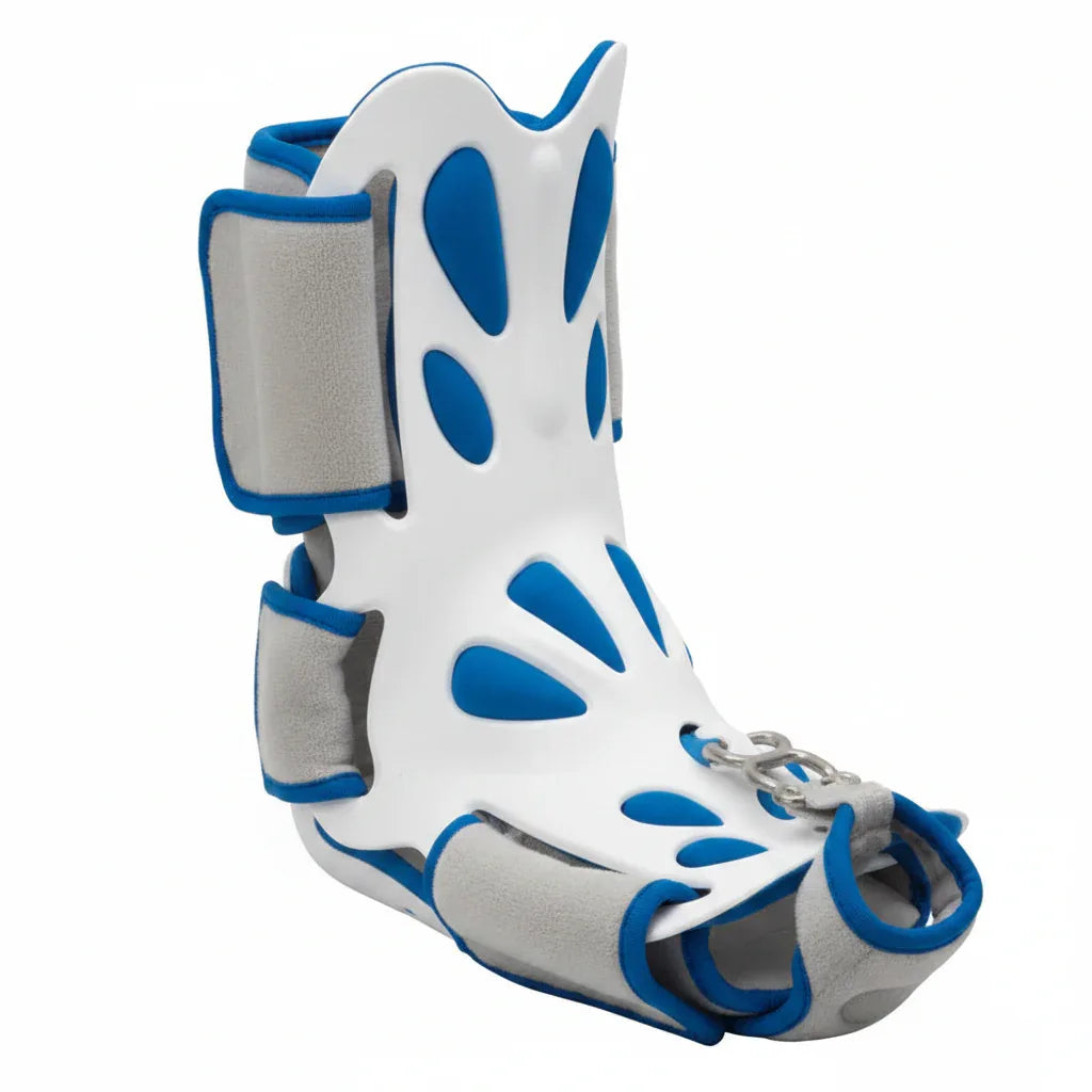Blue and white walking boot for foot and ankle recovery, mobility support, rehabilitation aid