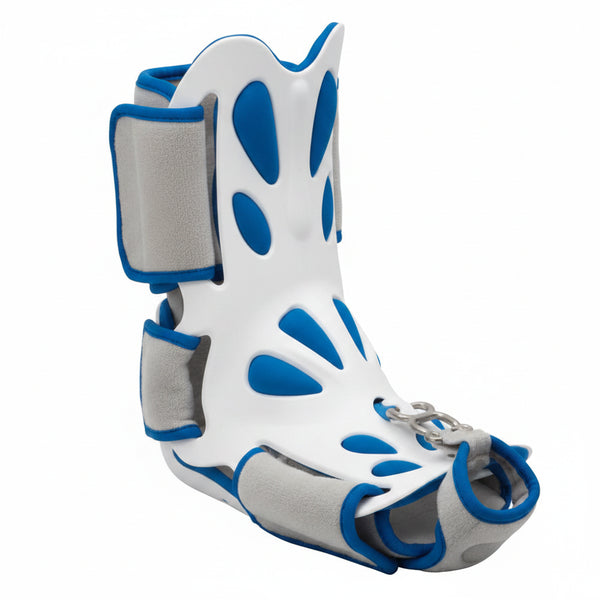 Blue and white walking boot for foot and ankle recovery, mobility support, rehabilitation aid