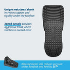 Black therapeutic shoe with zoned outsole, metatarsal shank, and rocker sole for foot pressure relief and support