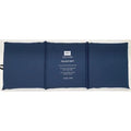 A navy blue inflatable emergency survival pad or fallout mat shown flat against a white background, with white printed text in the center and a small logo at the top.