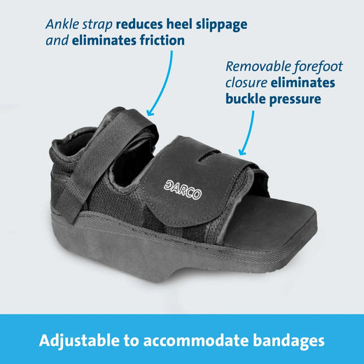 Adjustable DARCO post-op shoe with ankle strap & removable forefoot closure for recovery and mobility support