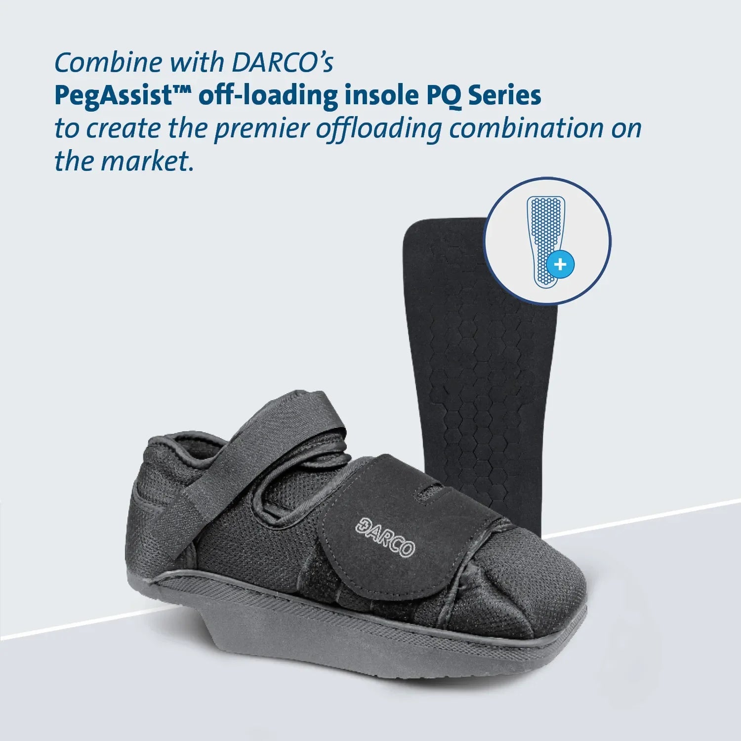 DARCO offloading shoe with PegAssist insole for foot recovery and mobility support