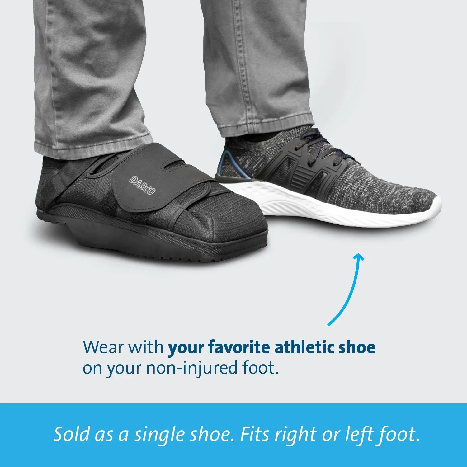 Darco post-op shoe for injury recovery, worn with athletic shoe on non-injured foot, fits left or right