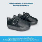 Black therapeutic shoes for Wagner Grade 0-3+ ulcers, offering post-op offloading and wound care support