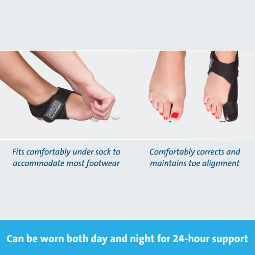Black toe alignment splint for comfortable 24-hour wear under socks, corrects and maintains toe position