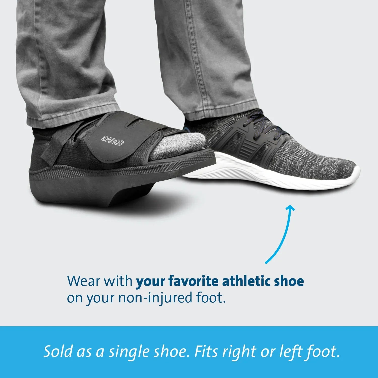 Darco walking boot for foot injury recovery, worn with athletic shoe on non-injured foot