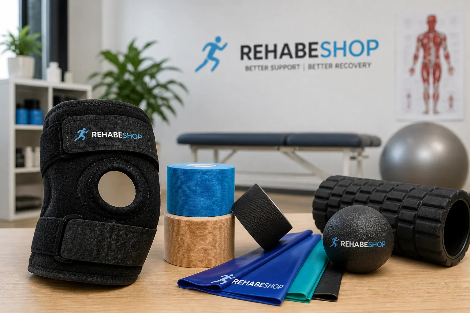 Rehabeshop knee brace, resistance bands, foam roller, and recovery tools for mobility and rehabilitation support