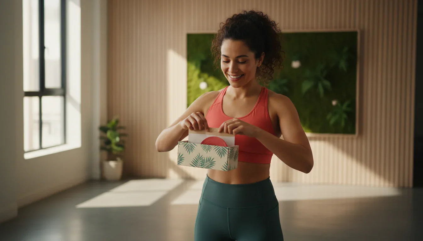 Woman in workout gear opening wellness product box in bright home studio