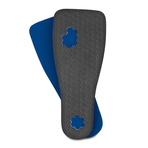 Black honeycomb orthotic insole with blue support zones for foot alignment and comfort
