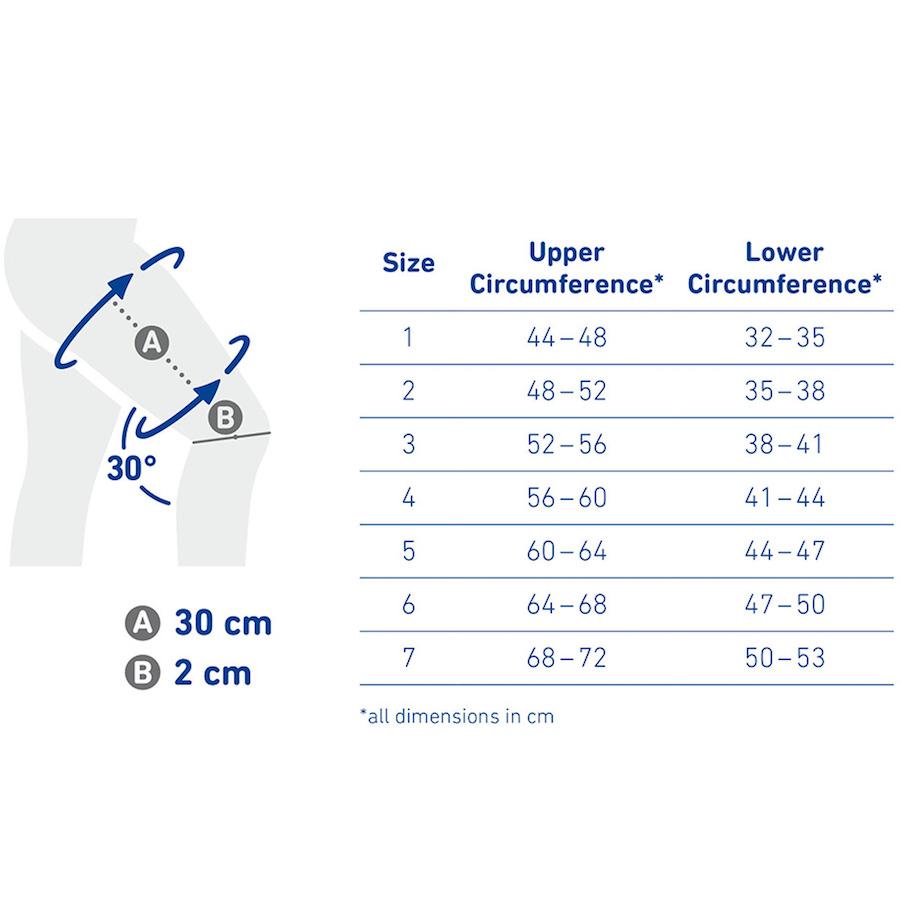 Bauerfeind MyoTrain upper and lower thigh size chart