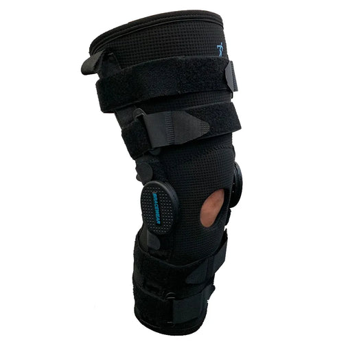Bracewear Air-X Pace Long Knee Brace featuring R.O.M hinges, adjustable bands, and reinforced metal arms for stability and support.