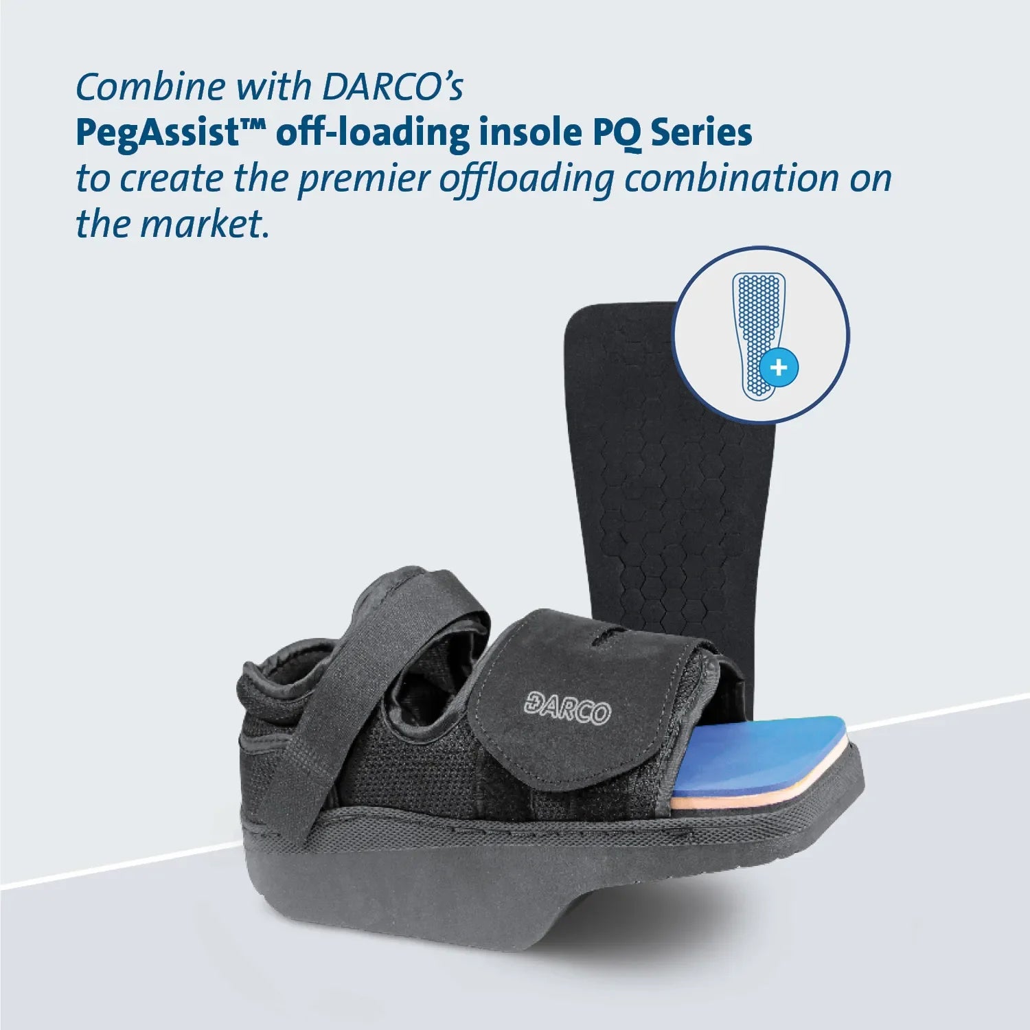 DARCO offloading shoe with PegAssist insole for foot recovery and mobility support