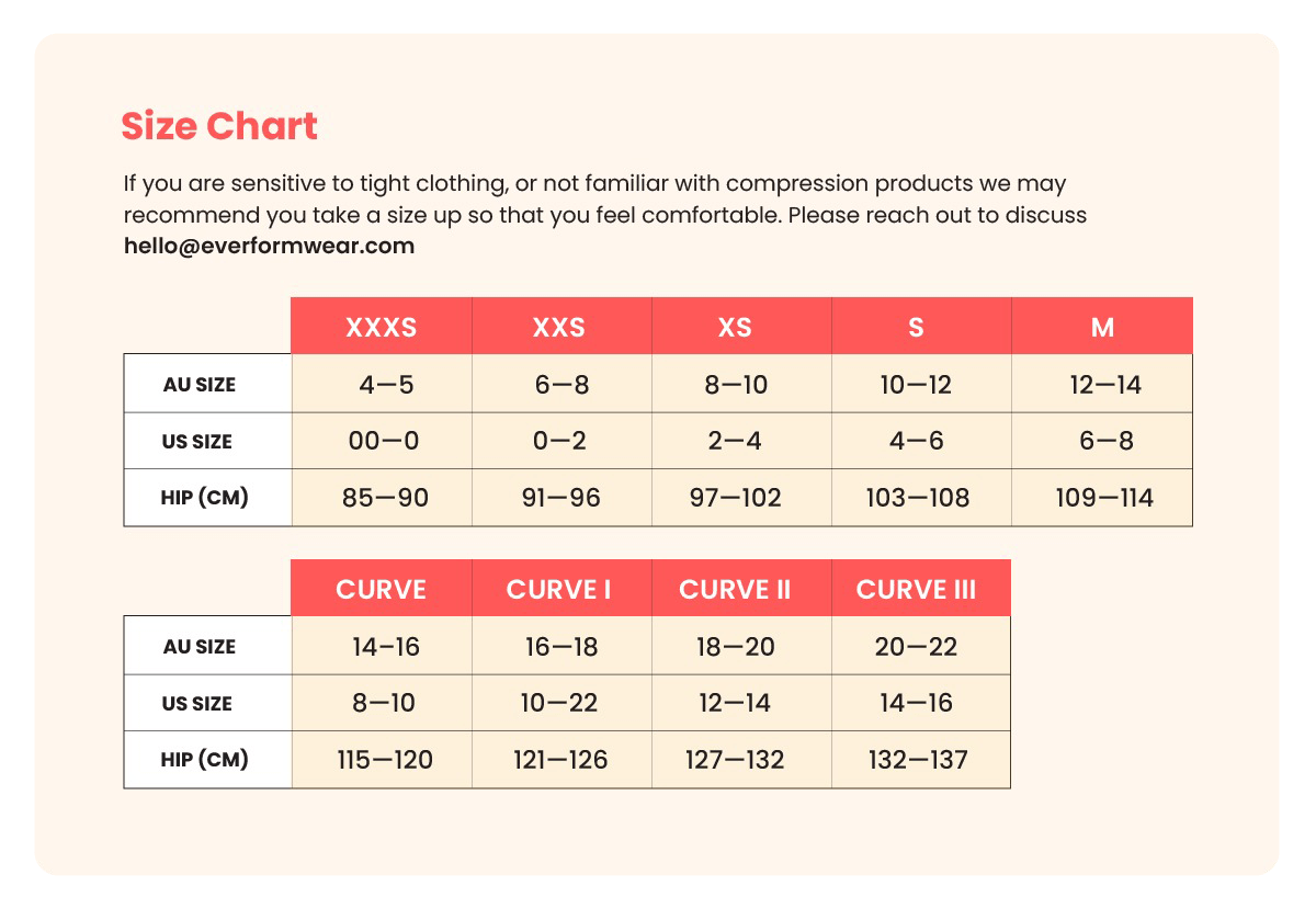 Everform garment size guide