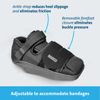 Adjustable DARCO recovery shoe with ankle strap and removable forefoot closure for comfort and bandage accommodation