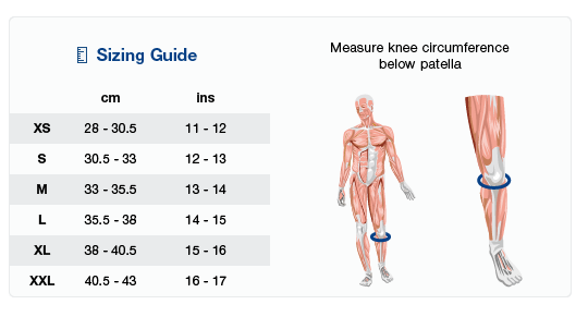 DeRoyal Patella Band size guide: measure knee circumference below the patella; XS 28–30.5 cm, S 30.5–33 cm, M 33–35.5 cm, L 35.5–38 cm, XL 38–40.5 cm, XXL 40.5–43 cm.