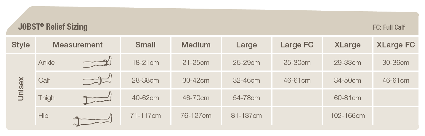 JOBST Relief knee high compression stocking size guide