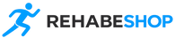 Logo of Rehabeshop with a blue silhouette of a person running on a white background