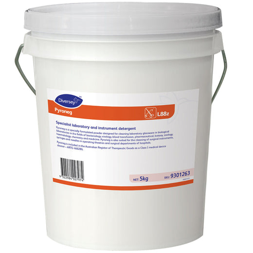 Pyroneg detergent powder in a 5 kg tub for laboratory glassware and medical instrument cleaning