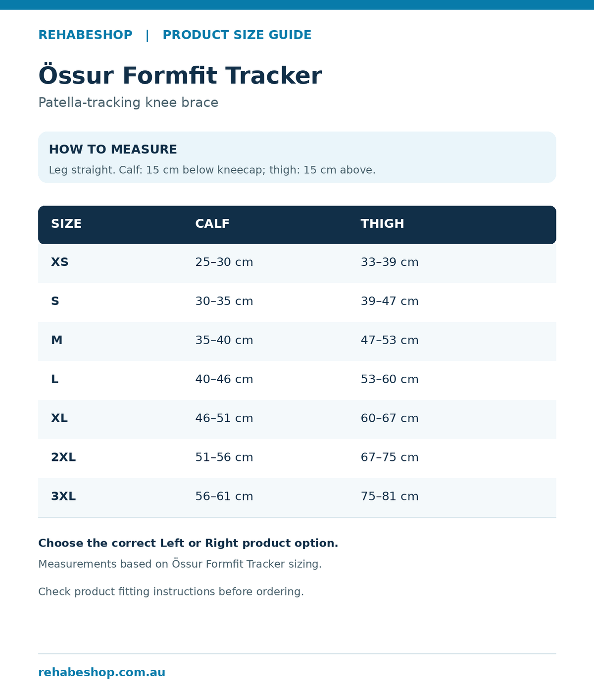 Össur Formfit Tracker size guide: calf and thigh measurements for XS to 3XL
