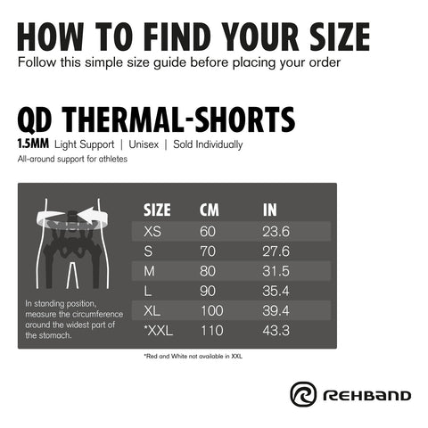 Rehband QD Thermal Shorts waist size guide
