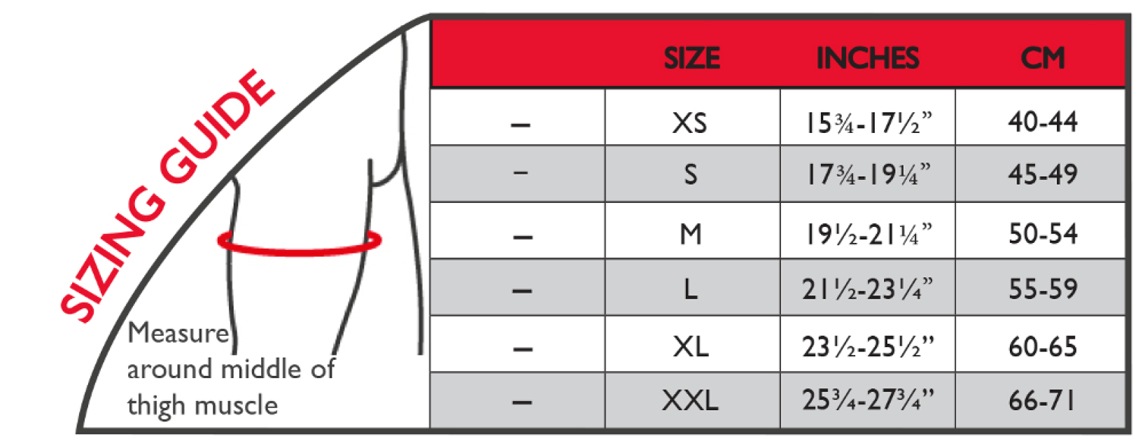 Thermoskin thigh and hamstring support size guide